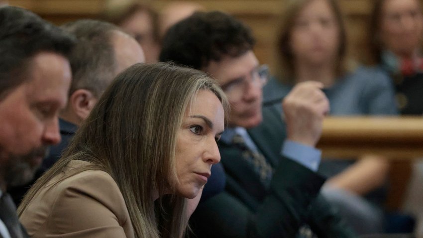 Dedham, MA – June 9: Karen Read listens to the testimony of expert Daniel Wolfe (not pictured) when he returns to the stand in her murder retrial in Norfolk Superior Court on June 9, 2025. (Photo by Pat Greenhouse/The Boston Globe via Getty Images)