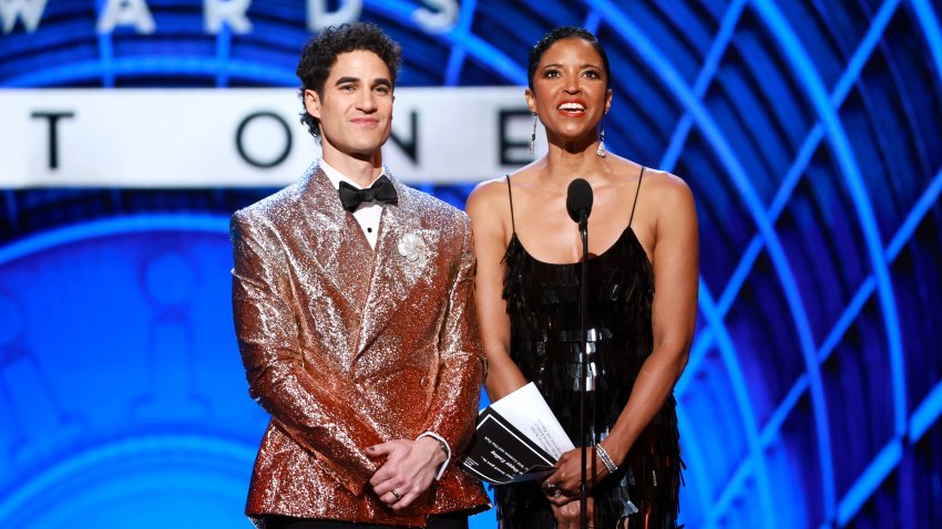 Darren Criss and Renée Elise Goldsberry host “The Tony Awards: Act One” onstage during The 78th Annual Tony Awards at Radio City Music Hall on June 08, 2025 in New York City.