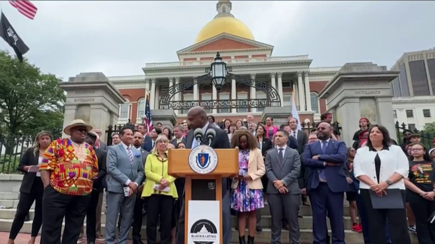 A gathering outside the Massachusetts State House for Juneteenth on June 19, 2025.