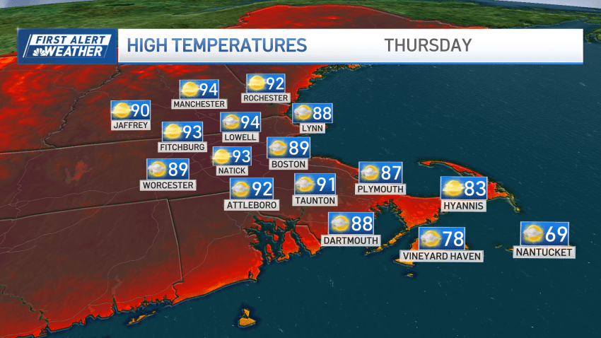 A map of Massachusetts showing temperatures in the 80s and 90s for June 5, 2025.