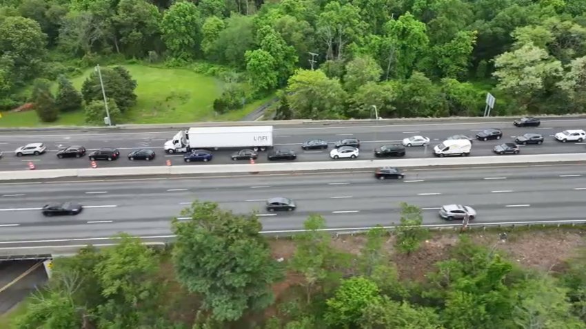 Footage shows the traffic on the Mass Pike near the I-95 interchange during bridge replacement work on June 1, 2025.