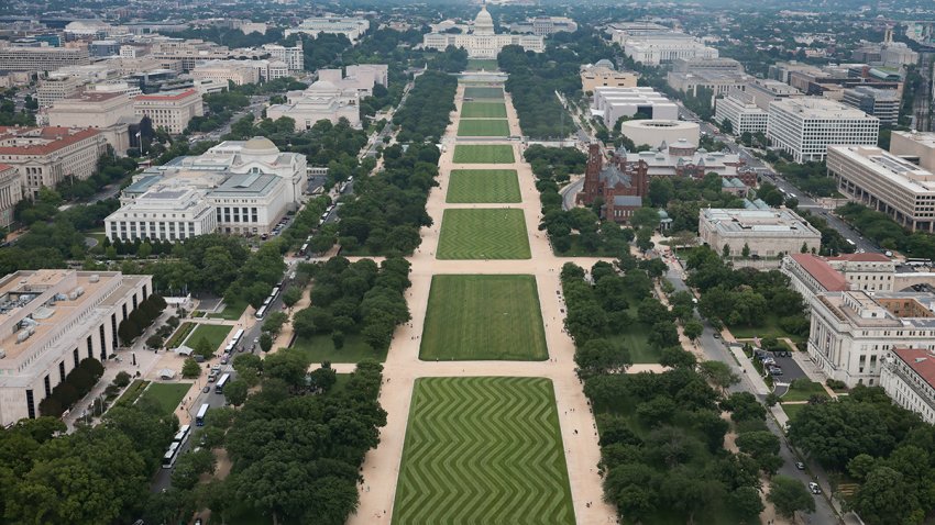 Temporary fencing is seen from the Washington Monument ahead of the Army's 250th birthday parade and celebration on the National Mall on June 9, 2025.