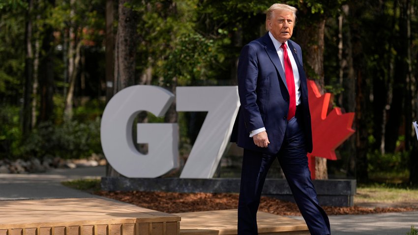 President Donald Trump attends the official welcome of the G7 Summit, June 16, 2025, in Kananaskis, Canada.