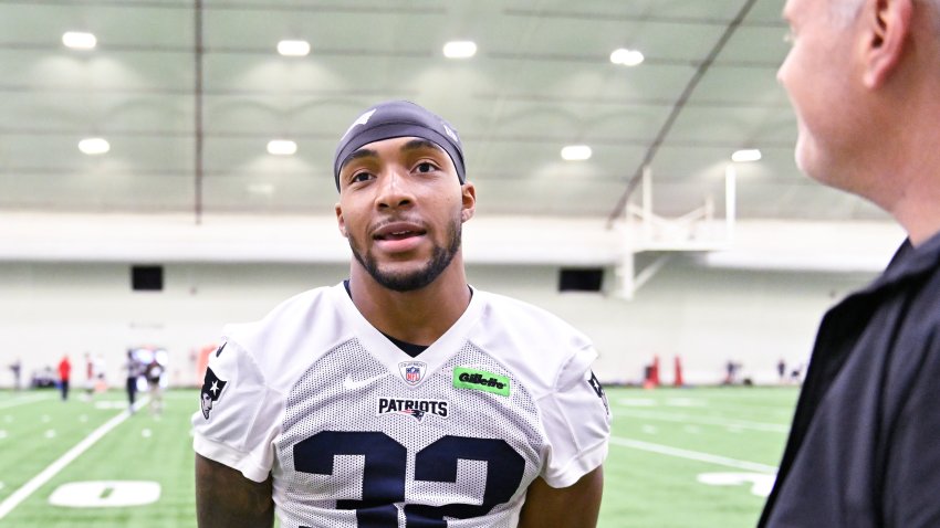 Jun 10, 2025; Foxborough, MA, USA; New England Patriots running back TreVeyon Henderson (32) speaks to the media after minicamp held in the WIN Field House at Gillette Stadium. Mandatory Credit: Eric Canha-Imagn Images