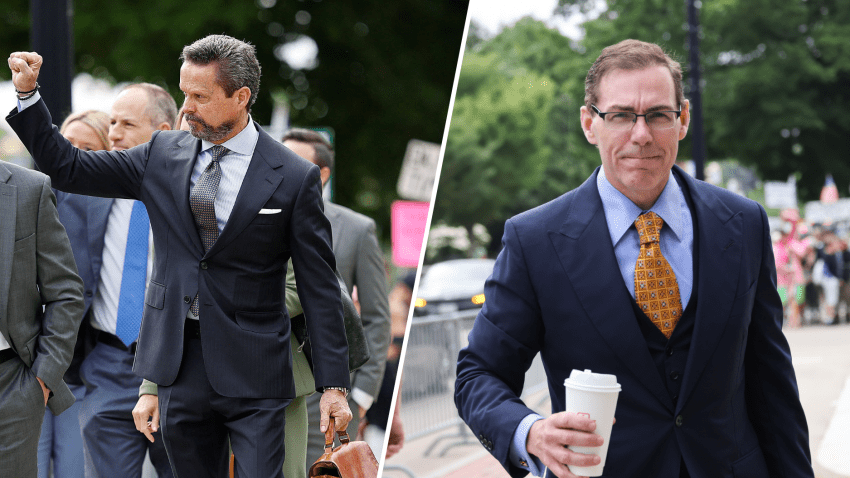 Defense attorney Alan Jackson (left) and special prosecutor Hank Brennan, both seen outside the Dedham, Massachusetts, courthouse where the Karen Read trials played out.