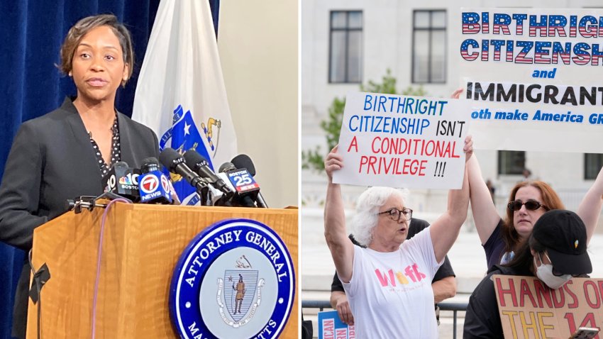 File photos show Massachusetts Attorney General Andrea Joy Campbell speaking at a dais and people protesting in favor of birthright citizenship outside the Supreme Court in Washington, D.C.
