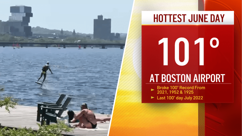 At left, people cool off in and along the Charles River in Boston on Tuesday, June 24, 2025, when the temperature hit 101 degrees, as seen in a graphic at right.