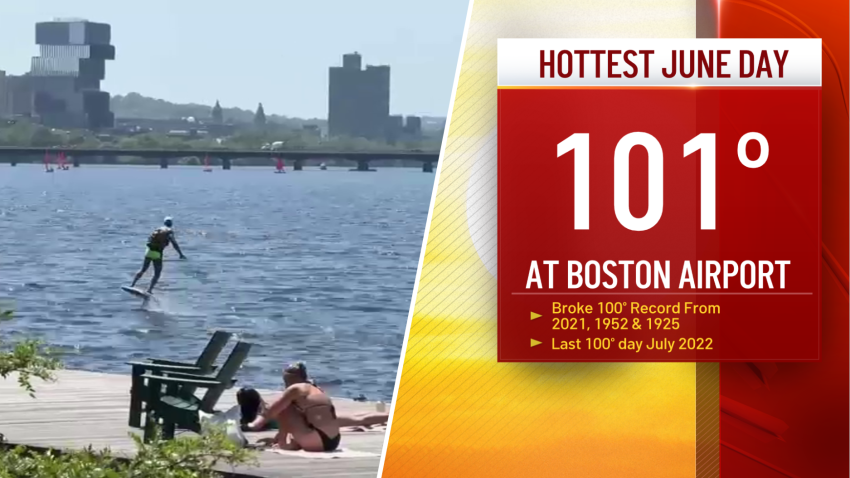 At left, people cool off in and along the Charles River in Boston on Tuesday, June 24, 2025, when the temperature hit 101 degrees, as seen in a graphic at right.
