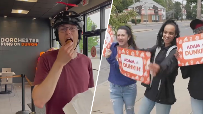 At left, Adam Bigelow eats a munchkin at a Dunkin' location in Dorchester on his fundraising tour through Boston. At right, employees greet Bigelow with signs.