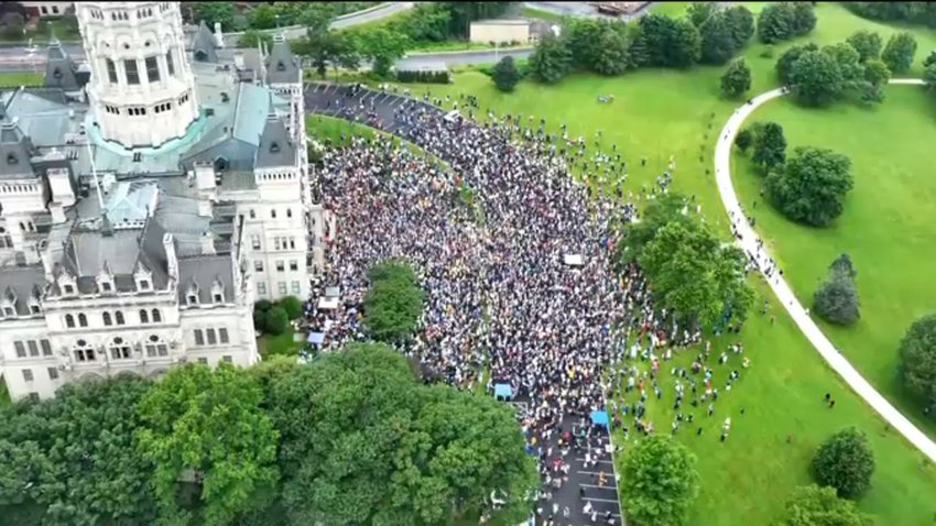 Drone video captures the “No Kings” protest at the state capitol.