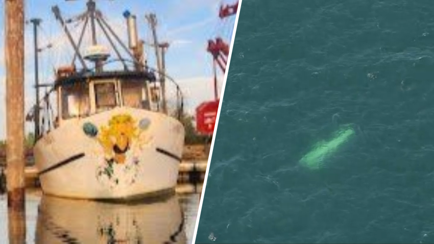 A split screen shows a fishing boat in a marina on one side and a sunken boat underwater on the other.