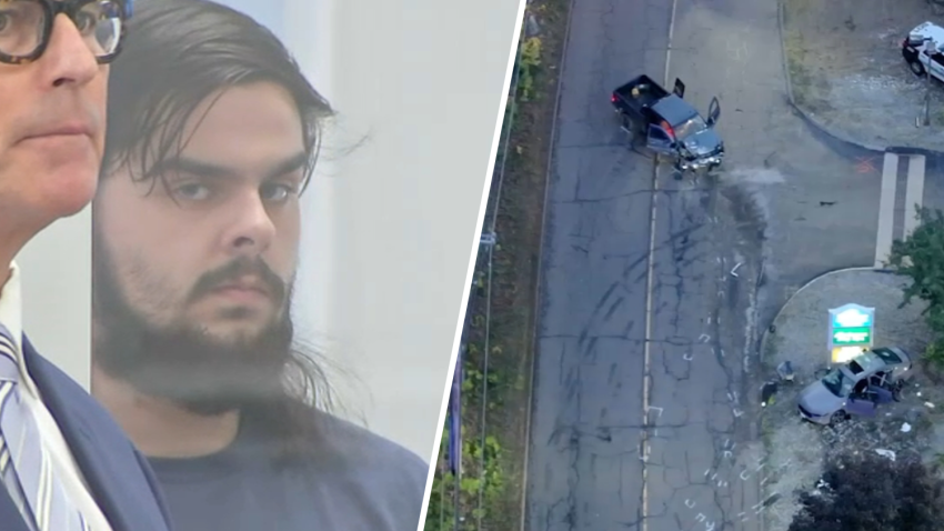 A split screen image. The left shows a man with dark hair and facial hair. The right shows an aerial view of a two-car crash.