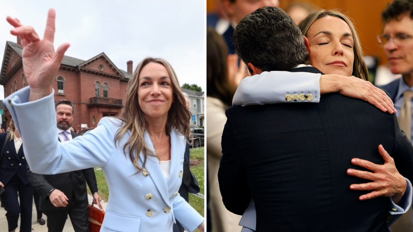 At left, Karen Read gestures to supporters outside of Norfolk Superior Court in Dedham, Massachusetts, after the jury reached a verdict in her murder trial on Wednesday, June 18, 2025. At right, Read hugs attorney Alan Jackson after the verdict was read.