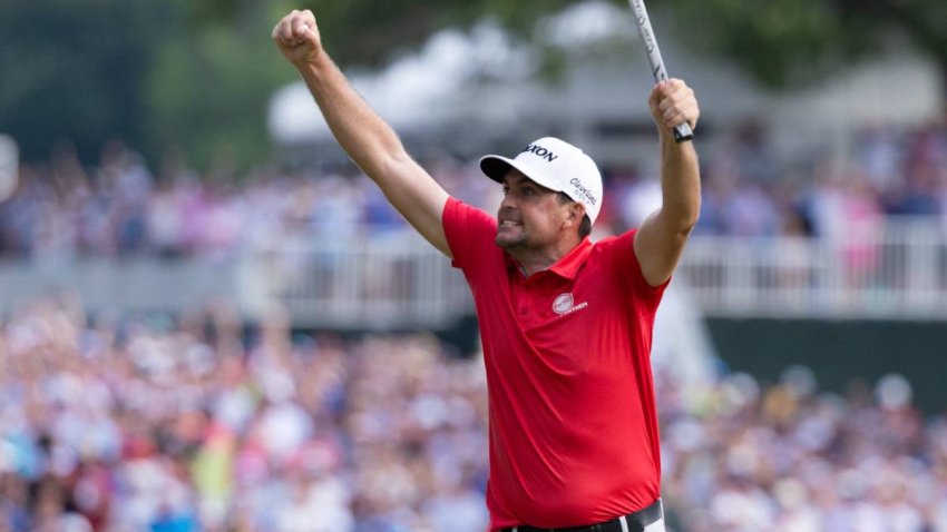 Jun 22, 2025; Cromwell, Connecticut, USA; Keegan Bradley reacts after a birdie putt on the 18th hole to win the Travelers Championship golf tournament.