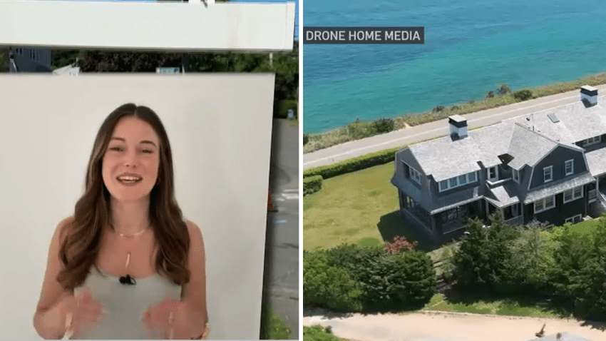 Reporter Mary Markos superimposed over a For Sale sign in front of a home, next to an aerial Drone Home Media shot of a home by the water.