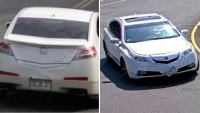 A car being sought as police in Springfield, Massachusetts, investigate a deadly hit-and-run crash on Monday, June 23, 2025.