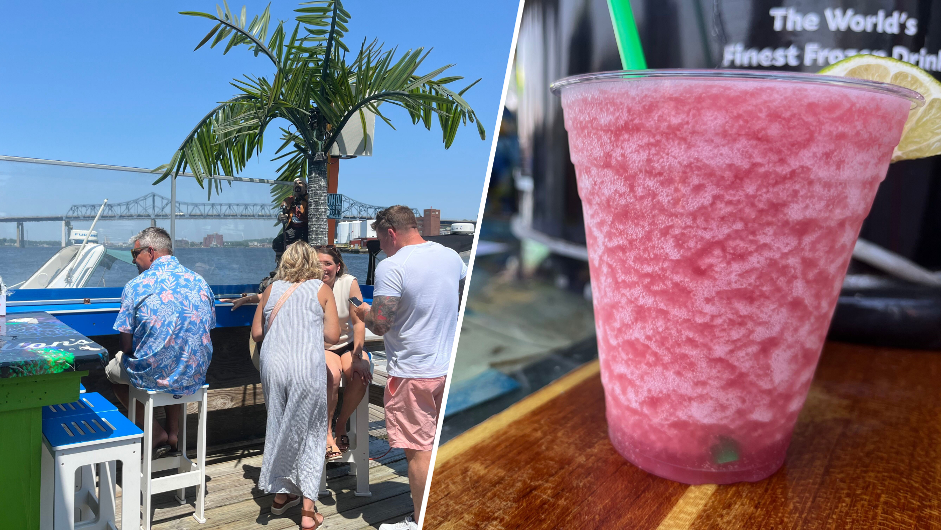Summertime drinking and eating at a Key West-style floating Tiki bar in Mass.