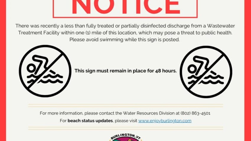 A notice indicating no swimming at beaches in Burlington, Vermont