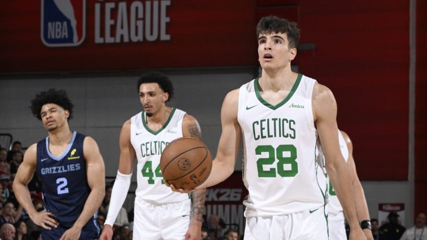 LAS VEGAS, NV – JULY 11: Hugo Gonzalez #28 of the Boston Celtics handles the ball during the game against the Memphis Grizzlies during the 2025 NBA Summer League game on July 11, 2025 at the Pavilion in Las Vegas, Nevada. NOTE TO USER: User expressly acknowledges and agrees that, by downloading and or using this photograph, User is consenting to the terms and conditions of the Getty Images License Agreement. Mandatory Copyright Notice: Copyright 2025 NBAE (Photo by David Dow/NBAE via Getty Images)