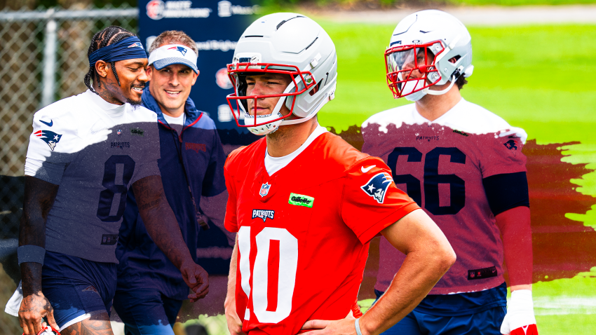 Patriots wide receiver Stefon Diggs, offensive coordinator Josh McDaniels, quarterback Drake Maye and offensive tackle Will Campbell