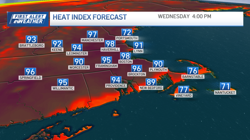 A map of feels-like temperatures in Massachusetts on July 16, 2025.