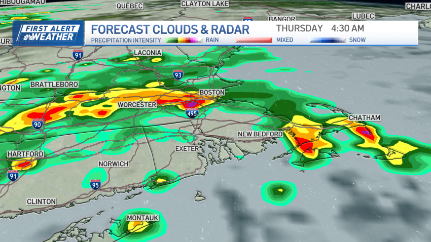 Storms, some intense, crossing Massachusetts through Worcester and Boston and onto Cape Cod early Thursday morning.