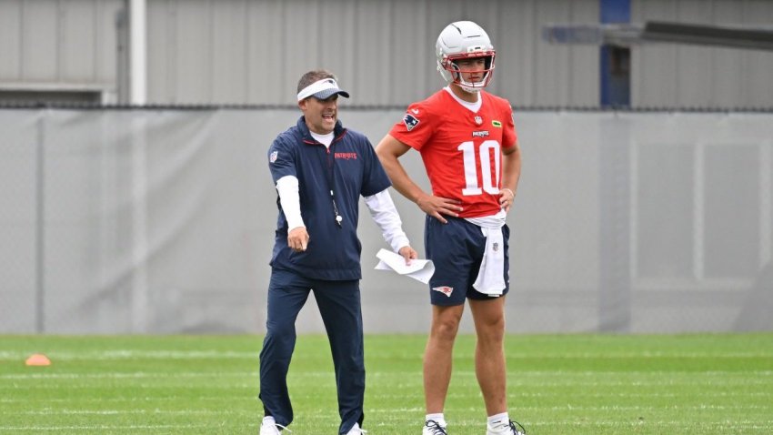Jun 9, 2025; Foxborough, MA, USA; New England Patriots offensive coordinator Josh McDaniels directs a drill for quarterback Drake Maye (10) during minicamp at Gillette Stadium. Mandatory Credit: Eric Canha-Imagn Images