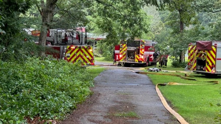 The scene after lightning struck a home in North Smithfield, Rhode Island on July 25, 2025.
