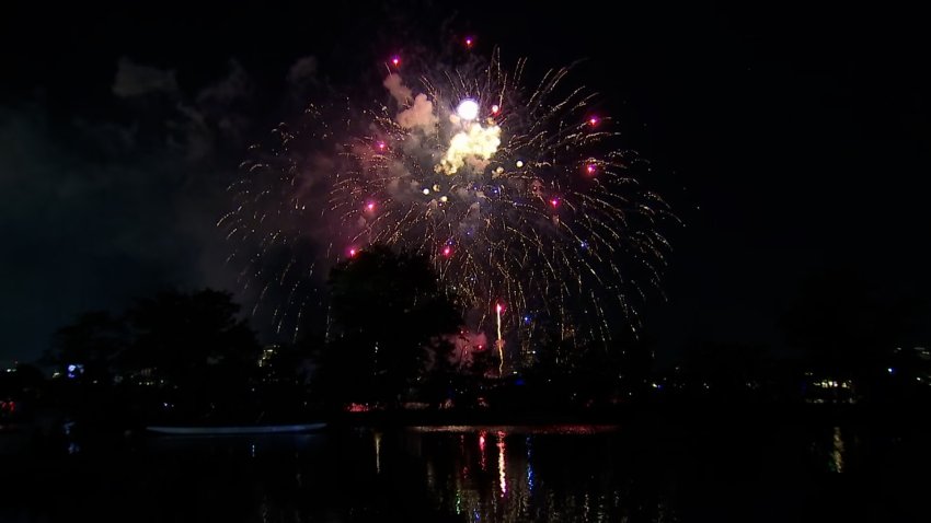 Fireworks over the Charles River in Boston.