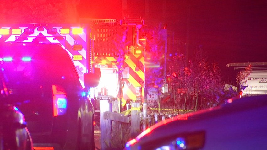 Emergency vehicles on the scene of a fatal fireworks incident in Wareham, Massachusetts.