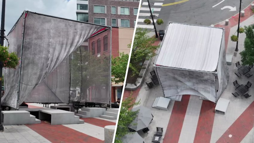 Two views of "Sun Block," a shade-providing public art project in Cambridge, Massachusetts.