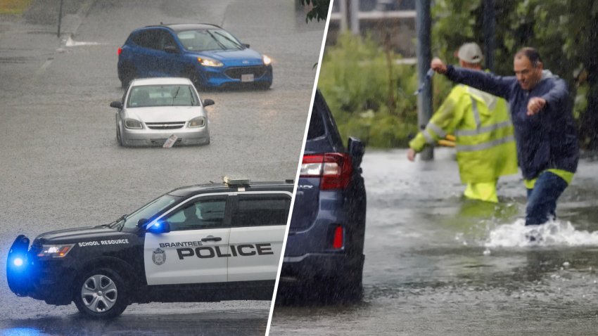 Cars and people partially submerged in floodwaters in Braintree, Massachusetts, on Thursday, July 10, 2025.