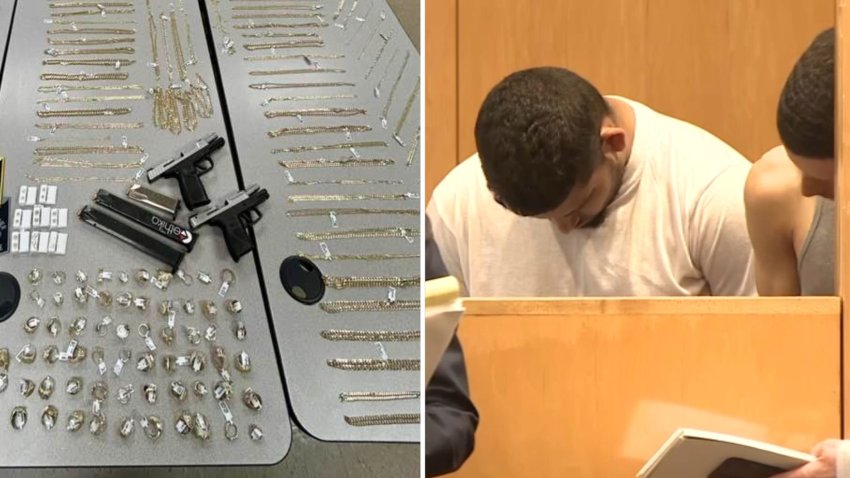At left, jewelry and weapons recovered after a jewelry store robbery in North Andover, Massachusetts, on Thursday, July 3, 2025. At right, suspects arrested in the investigation appear in court on Monday, July 7, 2025.