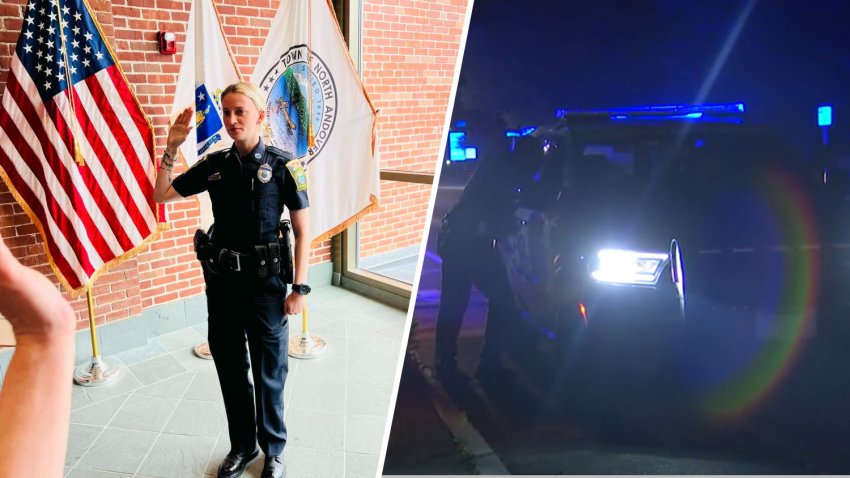 Left: Officer Kelsey Fitzsimmons. Right: The scene in North Andover Monday night.