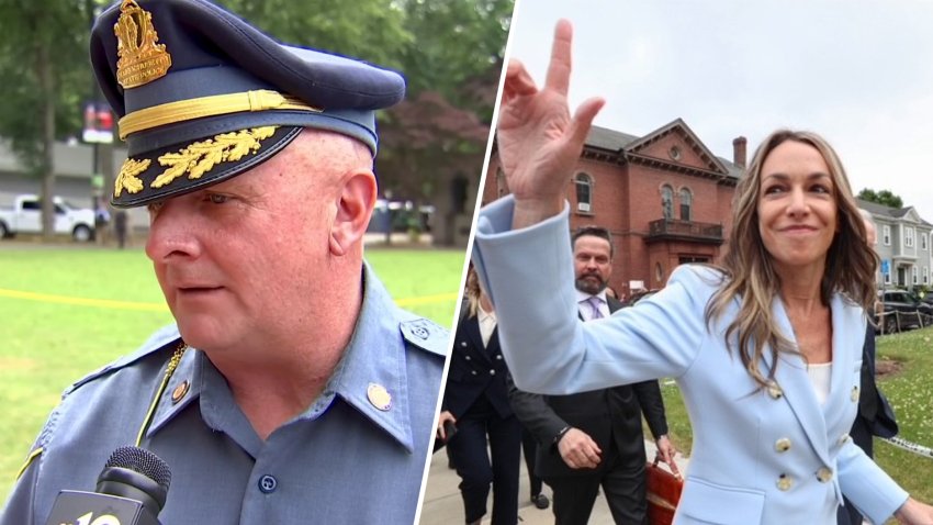 Massachusetts State Police Col. Geoffrey Noble, at left, and Karen Read, in separate images.