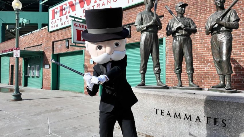 The Hasbro character Mr. Monopoly stands outside Fenway Park for a promotion for a new Boston version of the game.