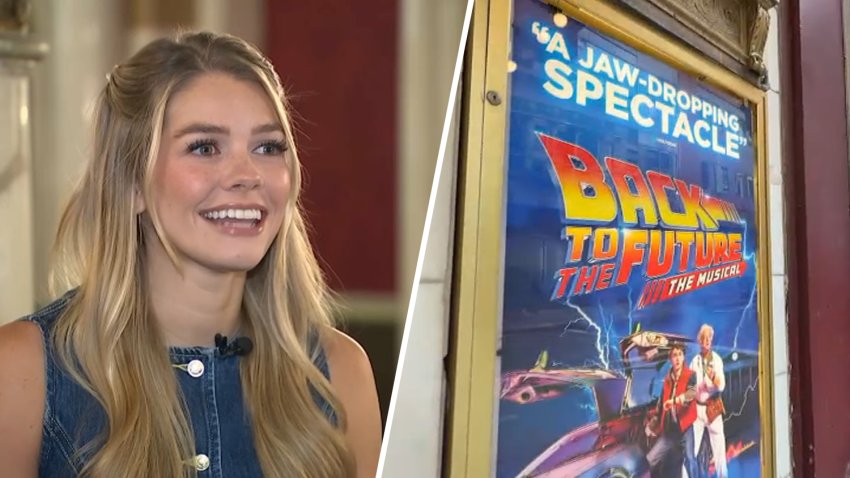 Methuen native Zan Berube, seen at left, speaks about acting in "Back to the Future: The Musical" in Boston (poster seen at right).