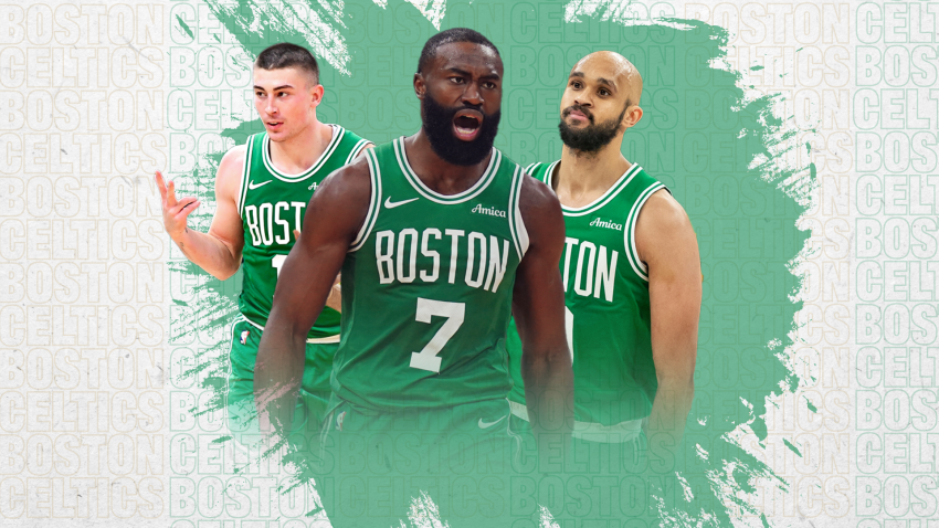 Celtics teammates Payton Pritchard, Jaylen Brown and Derrick White