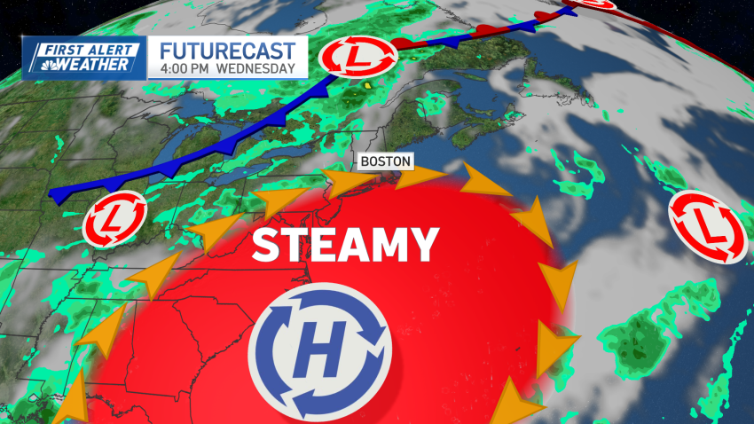 A map of a weather system bringing hot air to the Boston area.