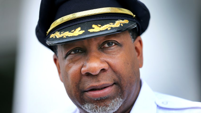 BOSTON, MA – JUNE 5: Sheriff Steve Tompkins speaks in front of the South Bay House of Correction in Boston on June 5, 2020, with dozens of correction officers and staff that work inside the facility, about the killing of George Floyd. Protesters all over the country are out in the streets to demand justice for victims of police violence. (Photo by John Tlumacki/The Boston Globe via Getty Images)