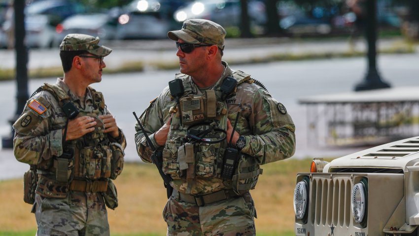 WASHINGTON, UNITED STATES – AUGUST 24 : Members of the National Guard are seen at Union Station on August 24, 2025, in Washington D.C., United States. (Photo by Yasin Ozturk/Anadolu via Getty Images)