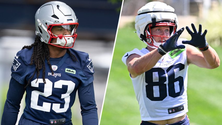 Patriots safety Kyle Dugger and wide receiver Efton Chism III
