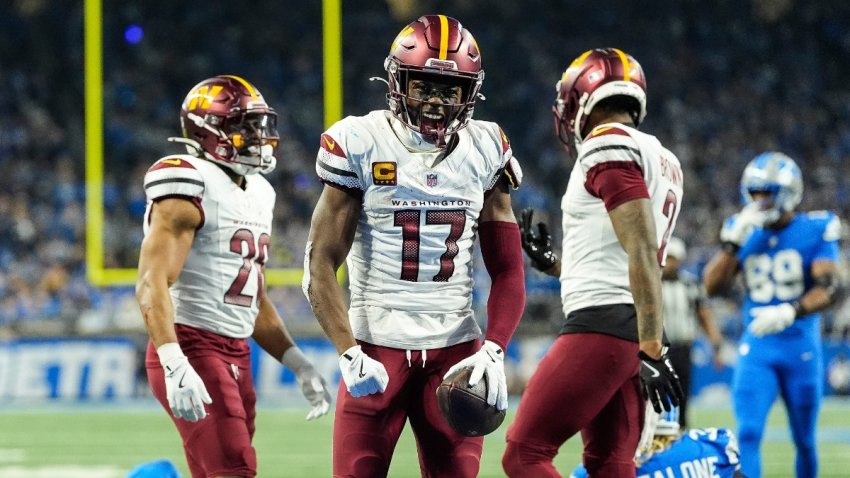 Washington Commanders wide receiver Terry McLaurin (17) celebrates a first down against Detroit Lions during the second half of the NFC divisional round at Ford Field in Detroit on Saturday, Jan. 18, 2025.