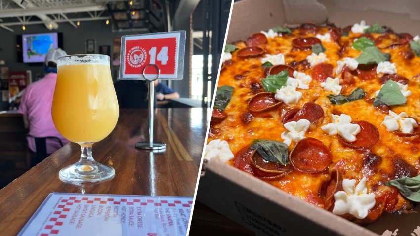 A beer and bar pizza at Widowmaker in Braintree, Massachusetts.