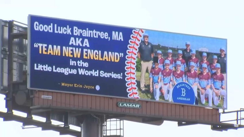 A billboard over I-93 in Braintree, Massachusetts, cheering the team on at the 2025 Little League World Series.
