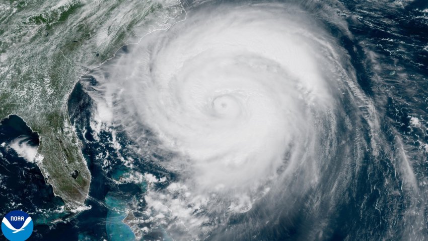 A satellite image showing Hurricane Erin off the coast of Florida and Georgia on Wednesday, Aug. 20, 2025.
