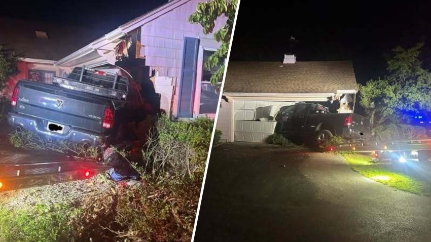 A split screen image showing two different angles of a pickup truck that crashed into a house in Pembroke, Massachusetts.