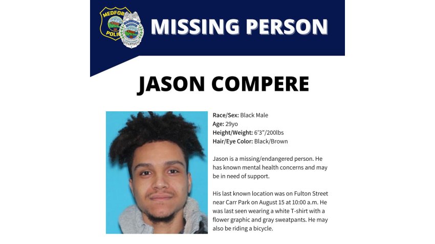 A missing person flyer for Jason Compere, of Medford, Mass.