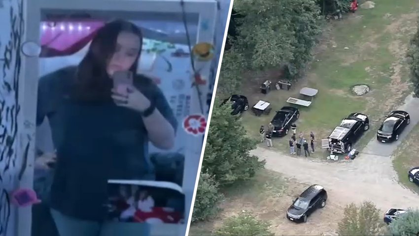 Kylee Monteiro, seen at left, was reported missing on Aug. 7, 2025. At right, police search for her in Rehoboth, Massachusetts, on Aug. 19, hours before authorities announced that remains were found.