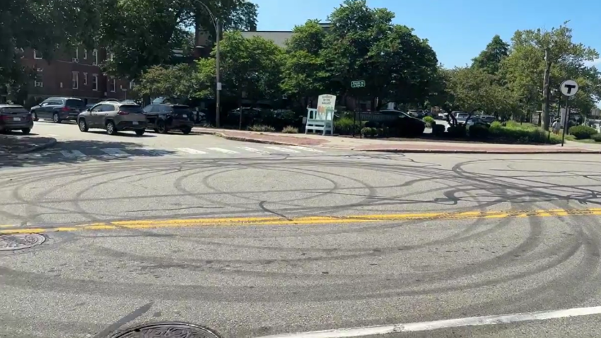 Skid marks on the street in Massachusetts' Newton Centre, seen on Friday, Aug. 8, 2025.